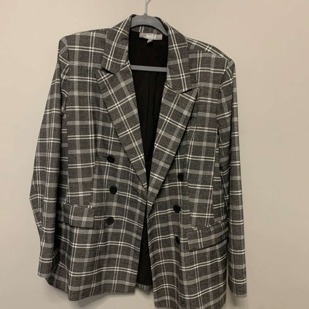 Marled Double-Breasted Gray Checkered Blazer